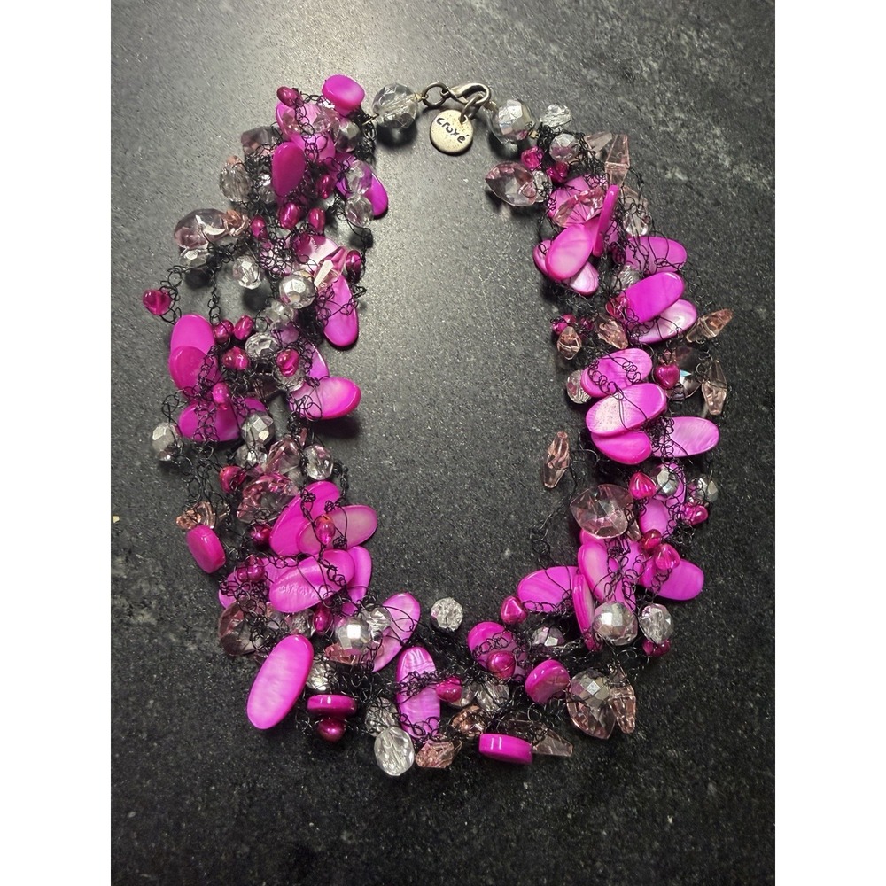 Croxé Handmade Statement Necklace Pink Shell Crystal Bead Crochet Wire 16"